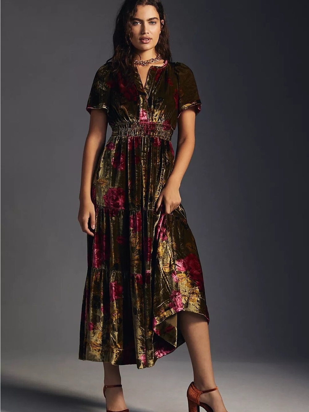 Anthropologie Somerset Maxi Dress Velvet Edition Green Pink Floral Medium PETITE